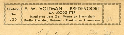 0043-0194 F.W. Voltman Mr. Loodgieter Installaties voor gas, water en electriciteit Radio, Rijwielen, Motoren - ...