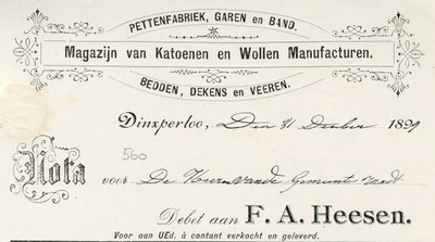 0043-0560 F.A. Heesen Pettenfabriek, garen en band. Magazijn van Katoenen en wollen Manufacturen. Bedden, dekens en veeren