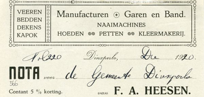 0043-0566 F.A. Heesen Manufacturen Garen en Band Naaimachines Hoeden Petten Kleermakerij. Veeren bedden, dekens, kapok