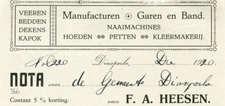 0043-0566 F.A. Heesen Manufacturen Garen en Band Naaimachines Hoeden Petten Kleermakerij