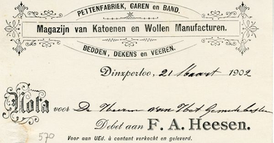 0043-0570 F.A. Heesen Pettenfabriek, garen en band. Magazijn van Katoenen en Wollen Manufacturen Bedden, dekens en Veeren