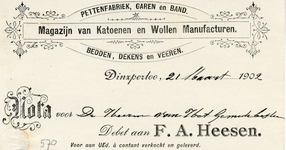 0043-0570 F.A. Heesen Pettenfabriek, garen en band Magazijn van Katoenen en Wollen Manufacturen Bedden, dekens en Veeren