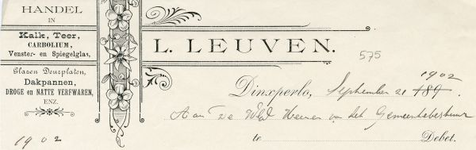 0043-0575 L. Leuven Handel in Kalk, Teer, Corboleum, Venster- en Spiegelglas Glazen deurplaten Dakpannen, droge en ...