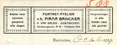 0043-0775 Portret-Atelier v/h. Firma Brincker F. van Galen Vergrootingen in alle maten naar elk portret
