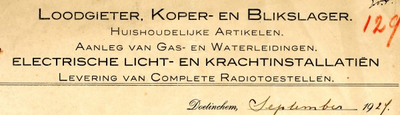 0043-0811 M.W. Blom Loodgieter, Koper- en Blikslager enz. Aanleg van gas- en waterleidingen. Electrische licht- en ...