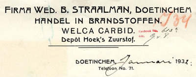 0043-0824 Firma Wed. B. Straalman Handel in Brandstoffen. Depot Hoek's zuurstof