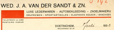 0043-0828 Wed. J.A. van der Sandt & Zn. Luxe lederwaren, Autobekleeding, drijfriemen, zadelmakerij, elastieken kousen