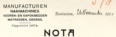 0043-0849 W.H.J. van de Meene Manufacturen Naaimachines Veeren- en kapokbedden Matrasssen, Dekens