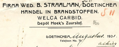 0043-0860 Firma Wed. B. Straalman Handel in Brandstoffen, Welca carbid. Depot Hoek's zuurstof