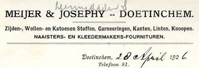 0043-0881 Meijer & Josephy. Zijden-, wollen- en katoenen stoffen. Garneringen, kanten, linten, nopen. Naaisters- en ...