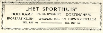 0043-0884 Het Sporthuis (fa. Joh. Overling) Sportartikelen - Gymnastiek- en Turntoestellen Fa. Joh. Overling