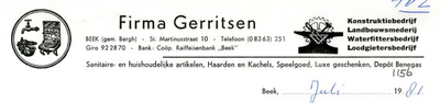 0043-1156 Firma Gerritsen Konstuktiebedrijf Landbouwsmederij Waterfitbedrijf Loodgietersbedrijf