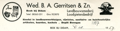 0043-1157 Wed. B.A. Gerritsen & Zn. Landbouwsmederrij Loodgietersbedrijf