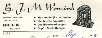 0043-1177 B.J.M. Wensink Huishoudelijke artikelen Electrische smederij Landbouwwerktuigen Depot Shell Butagas