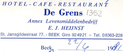 0043-1352 Hotel-Café-Restaurant annex levensmiddelenbedrijf De Grens E.J. Heinst