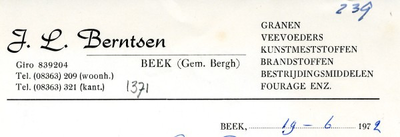 0043-1371 J.L. Berntsen Granen Veevoeders Kunstmeststoffen Brandstoffen Bestrijdingsmiddelen Fourage enz.