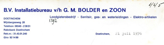 0043-1392 B.V. Installatiebureau v/h G.M. Bolder en Zoon Loodgietersbedrijf - Sanitair - Gas- en Watwerleidingen - ...