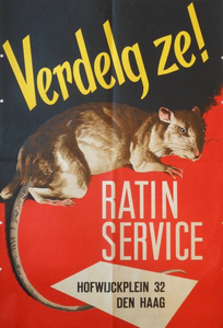 1056 Affiche houdende de oproep ter rattenbestrijding met de kreet 'Verdelg ze! Ratin service, Hofwijckplein 32 Den ...