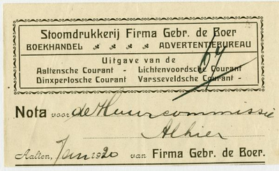 0684-0029 Stoomdrukkerij Firma Gebr. de Boer - Boekhandel en advertentiebureau. Aaltense Courant, Dixperlose Courant, ...