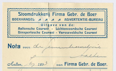 0684-0033 Stoomdrukkerij Firma Gebr. de Boer, Boekhandel, Advertentie-bureau. Aaltense Courant, Dixperlose Courant, ...