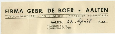 0684-0038 Firma Gebr. de Boer Stoomdrukkerij. Boekhandel. Advertentie-bureau