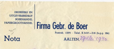 0684-0042 Firma Gebr. de Boer Drukkerij en Uitgeversbedrijf Boekhandel Papiergroothandel