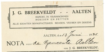 0684-0054 J.G. Breekveldt - Handel in naaimachines Hoeden en Petten. Alle Soorten Manufacturen. Bedden, veeren en dekens