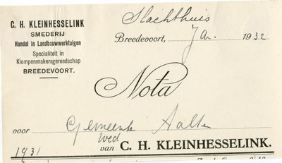 0684-0342 C. H. Kleinhesselink Smederij, Handel in Landbouwwerktuigen Specialiteit in klompenmakersgereedschap