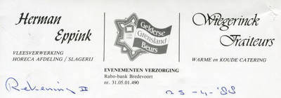 0684-1180 Herman Eppink Vleesverwerking, Wiegerinck Traiteurs warme en koude catering. Gelderse Grensland Beurs ...