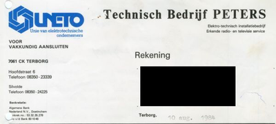 0684-1453 UNETO Technisch Bedrijf Peters Elektro-technisch installatiebedrijf Erkende radio- en televisie service