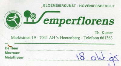 0684-1533 Bloemisterij - Hoveniersbedrijf Semperflorens Th. Kuster