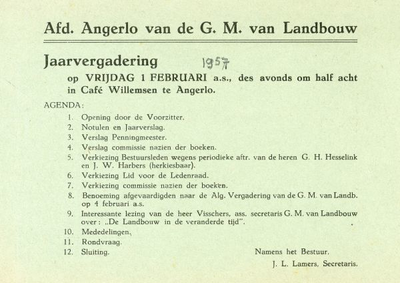 0684-1700 Afd. Angerlo van de Geldersche Maatschappij van Landbouw, agenda jaarvergadering in Café Willemsen te Angerlo