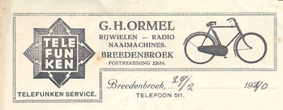 00022 G.H. Ormel. Rijwielen, radio, naaimachines. Telefunken service