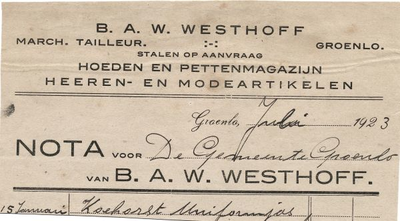 00999 B.A.W. Westhoff. March. tailleur. Hoeden- en pettenmagazijn. Heeren- en modeartikelen