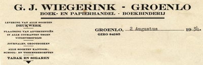 01017 G.J. Wiegerink. Boek- en papierhandel. Levering van alle soorten drukwerk. Plaatsing van advertentiën in alle ...