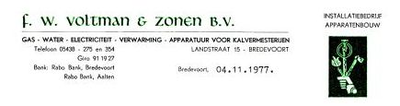 03027 F.W. Voltman & Zonen b.v., gas, water, electriciteit, verwarming, apparatuur voor kalvermesterijen