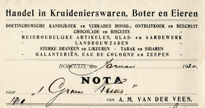 0849-03599 A.M. van der Veen, handel in kruidenierswaren, boter en eieren, Doetinchemsche kandij-koek en Verkades ...