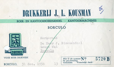 0849-3699 Drukkerij J.L. Kousman, boek- en kantoorboekhandel - kantoormachines