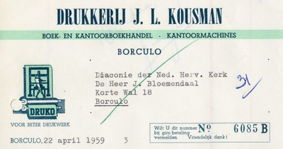 0849-3704 Drukkerij J.L. Kousman, boek- en kantoorboekhandel - kantoormachines