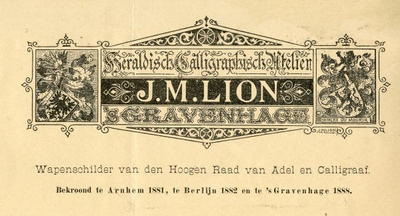 0849-3723 J.M. Lion, heraldisch calligrafisch atelier, wapenschilder van den Hoogen Raad van Adel en Calligraaf