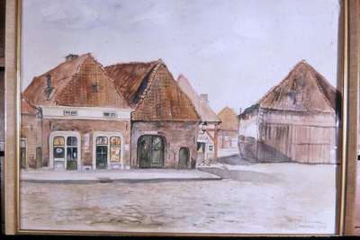 0605 De Varkensmarkt geschilderd door Piet te Lintum. De panden v.l.n.r. links woonde Van Wijngaarden, dan café Meekes, ...
