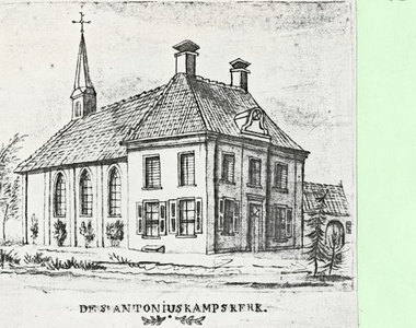 1095-24-791 De eerste kerk van Kranenburg, de Sint Antoniuskampskerk met aangebouwde pastorie