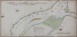 264 Caerte van de riviere de Waal en desselfs oevers, rijsweerden en versandingen van voor Millinge tot beneden het ...