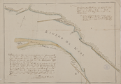63-0002 Kaart van de situatie van een gedeelte van de rivier de Waal, met de daarin legegnde kribben, ritze en bollen ...