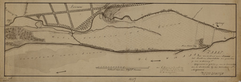 385 Kaart van de doorbraak onder Loenen in het Ampt van Overbetuwe voorgevallen op den 10 januari [1809], 21 januari en ...