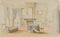 526-0011 Interieur in blauw met rood tapijt : kamer van tante Emilie in het paleis, 1850-1900