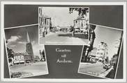 5467 Groeten uit Arnhem Steenstraat met Sint Martinuskerk Willemsplein met Zijpsche poort Land v.d. Markt, 1951-07-27