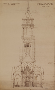 21 Groote - St.Eusebiuskerk te Arnhem. Oostzijde van den toren en doorsnede over de kerk, [Z.d, ca. 1900]