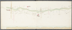 217-0004 Figuratieve situatietekening met lengteprofiel van de waterlossing der Exonererende Landen vanaf de herberg De ...