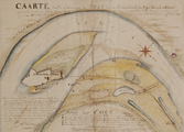 5027-0002 kaart van de Waal en de Nederrijn bij Schenkenschans, met de situatie van de Geldersche en Kleefse gronden, 1720